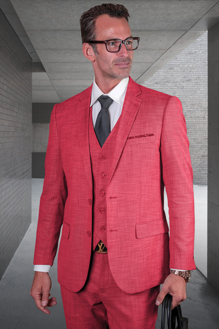 Men's Modern Fit Vested Wool Suit in Magenta