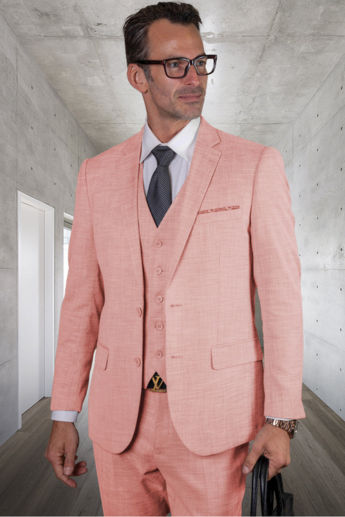Men's Pink Wool Sharkskin Suit with Vested Detail