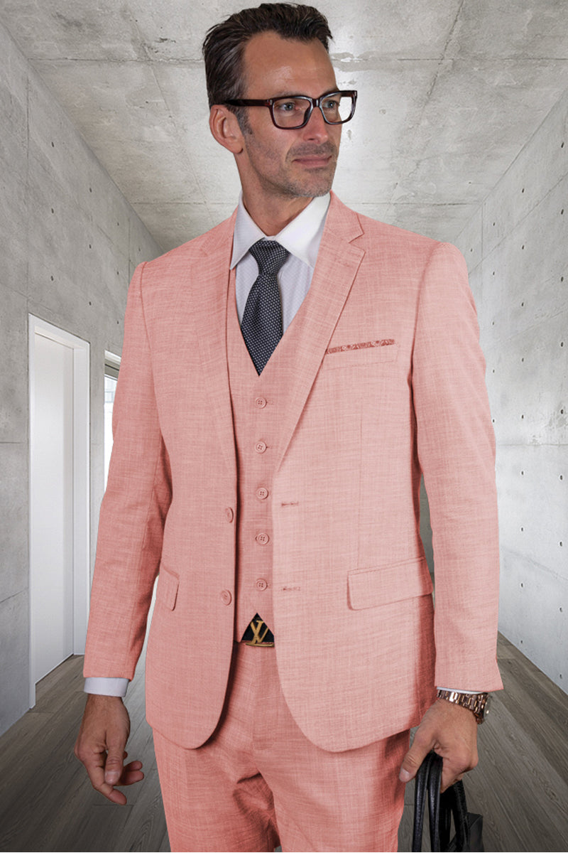 Men's Pink Wool Sharkskin Suit with Vested Detail