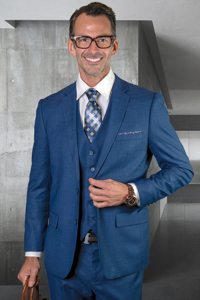 Men's Modern Fit Vested Wool Suit in Sapphire Blue