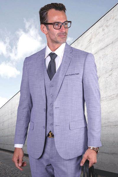 Men's Modern Fit Vested Wool Sharkskin Suit in Sky Blue