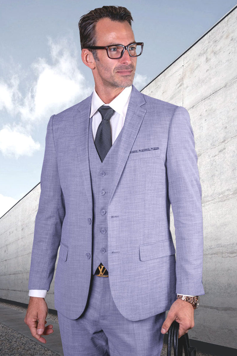Men's Modern Fit Vested Wool Sharkskin Suit in Sky Blue