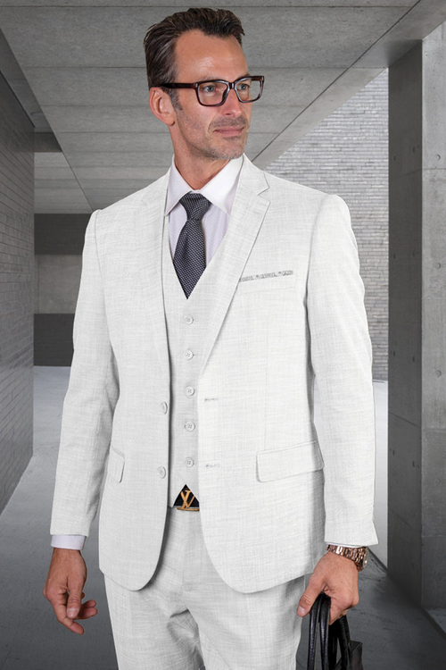 Men's Modern Fit Vested Wool Suit in White