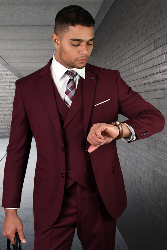 Men's Burgundy Wool Suit with Double Breasted Vest
