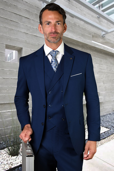 Men's Sapphire Blue Wool Suit with Double Vested Look