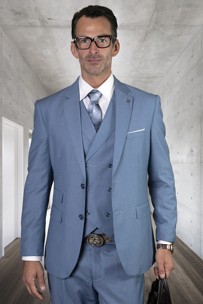 Men's Modern Fit Wool Suit in Steel Blue with Double Breasted Vest