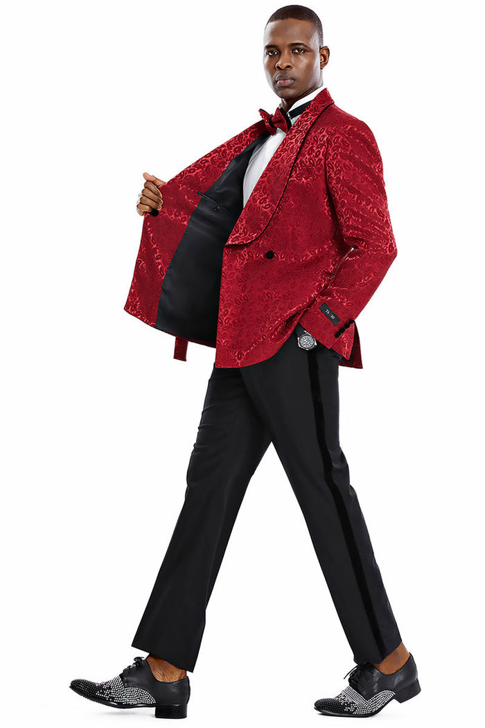 Burgundy Paisley Men's Slim Fit Double Breasted Tuxedo - Smoking Jacket for Prom & Wedding by Tazzio