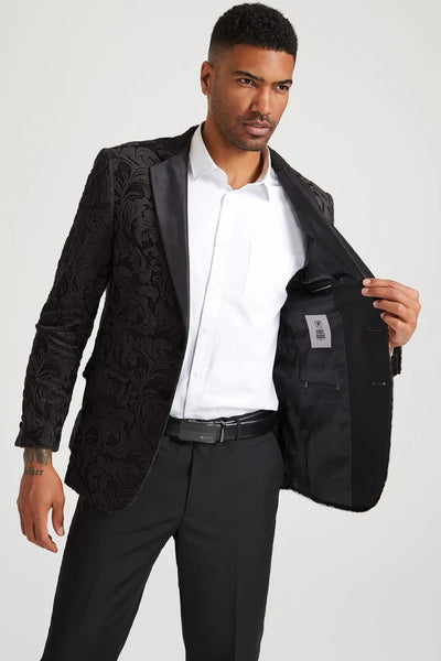 Black Prom Tuxedo Suit -Black Wedding Suit - Men's Stacy Adam's Paisley Velvet Prom & Wedding Tuxedo Jacket PROMTUXEDO