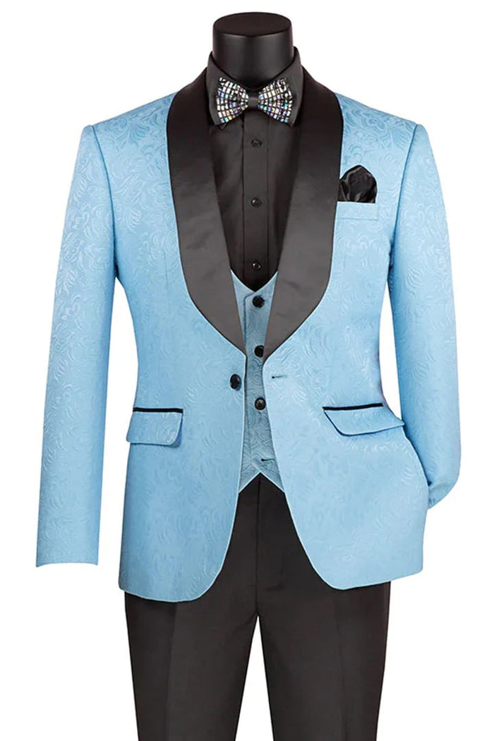 Light Blue Prom Tuxedo Suit - Light Blue Wedding Suit - Men's Slim Fit Vested Paisley Wedding Tuxedo PROMTUXEDO