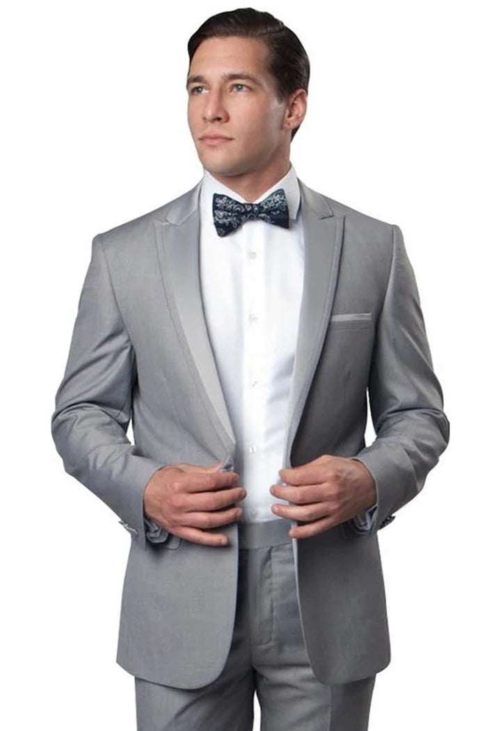 Light Grey Prom Tuxedo Suit - Light Grey Wedding Suit - Men's Slim Fit One Button Satin Trim Peak Lapel Prom & Wedding Tuxedo In Light Grey PROMTUXEDO