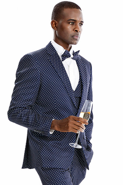 Men's Navy & White Polka Dot Vested Suit by Tazio Suits