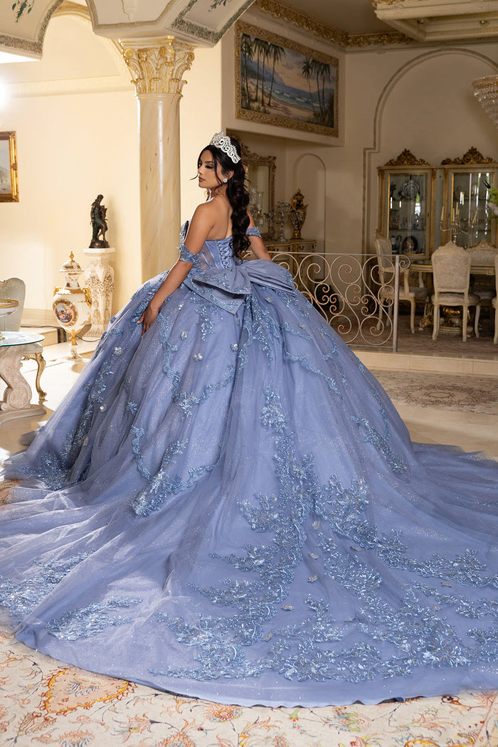 Off-Shoulder Quinceañera Ball Gown with Beaded Lace Appliques and Royal Train by Layla K LK283
