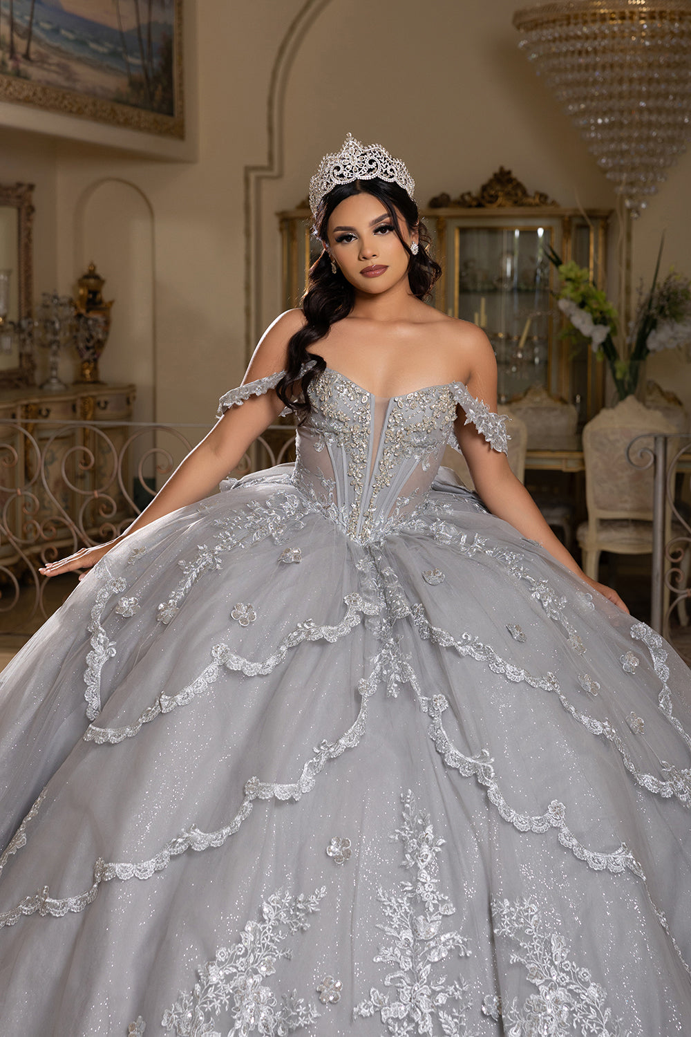 Off-Shoulder Quinceañera Ball Gown with Beaded Lace Appliques and Royal Train by Layla K LK283