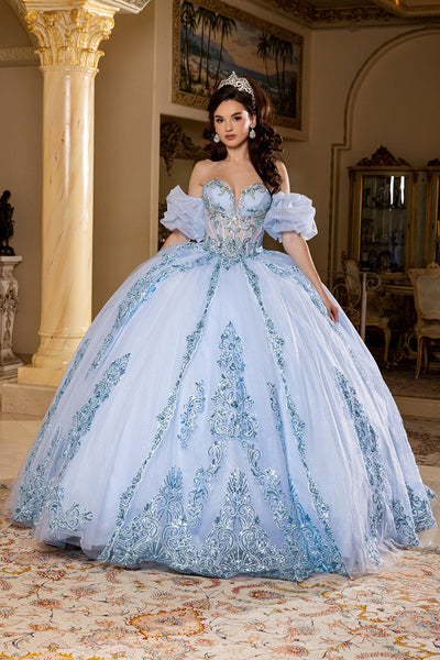 Quinceañera Ball Gown with Beaded Corset Bodice Lace Appliqués & Cathedral Train by Layla K LK290