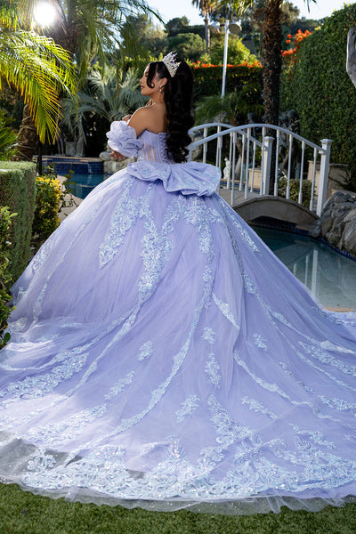 Quinceañera Ball Gown with Beaded Corset Bodice Lace Appliqués & Cathedral Train by Layla K LK290