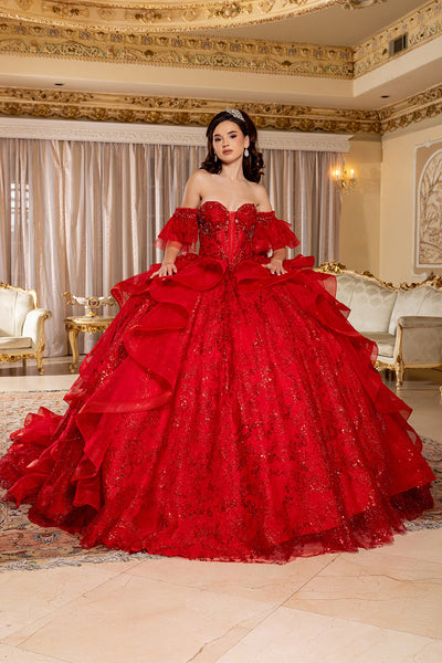 Off-Shoulder Quinceanera Ball Gown Glitter Tulle Corset Dress with Ruffled Skirt by Layla K LK296