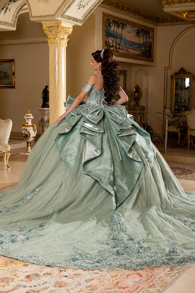 Off-Shouler Sweetheart Corset Beaded Ballgown with Detachable Bow & Train by Layla K LK297
