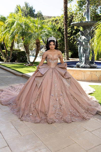 Off-Shouler Sweetheart Corset Beaded Ballgown with Detachable Bow & Train by Layla K LK297