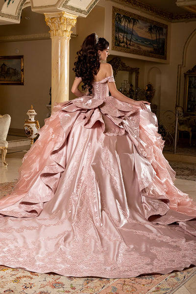 Off-Shoulder Beaded Corset Tiered Ruffle Ball Gown with Detachable Collar by Layla K LK300