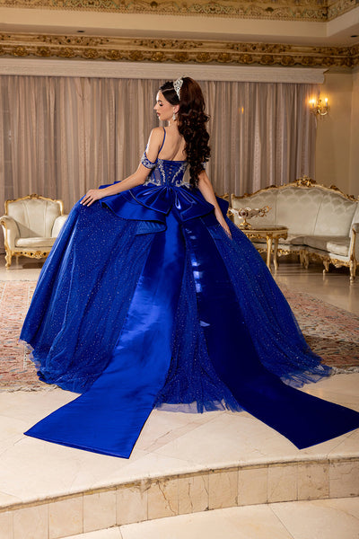 Off-Shoulder Beaded Illusion Corset Glitter Tulle Ball Gown with Bow Back Dress by Layla K LK301