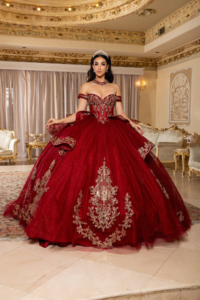 Off-Shoulder Embroidered Illusion Corset Glitter Tulle Quinceañera Gown by Layla K LK303