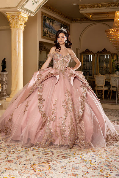 Off-Shoulder Crystal Fringe Corset Ball Gown Quinceañera Dress by Layla K LK309