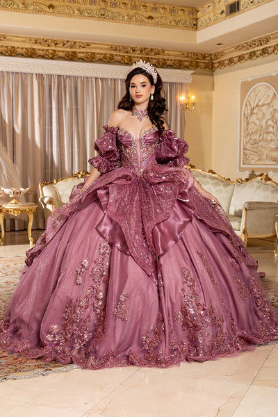 Off-Shoulder Ruffle Puff Sleeve Illusion Corset Ball Gown Quinceañera Dress by Layla K LK310