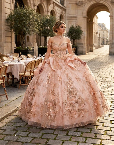 Off-Shoulder Sweetheart Beaded Corset Glitter Ball Gown Quinceañera Dress by Layla K LK313