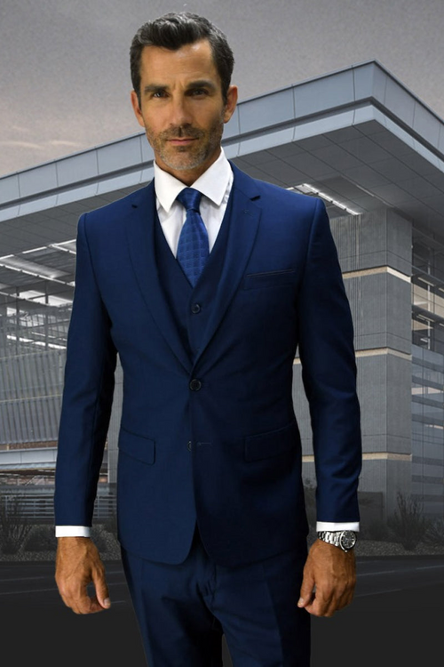 Men's Sapphire Blue Slim Fit Vested Wool Suit