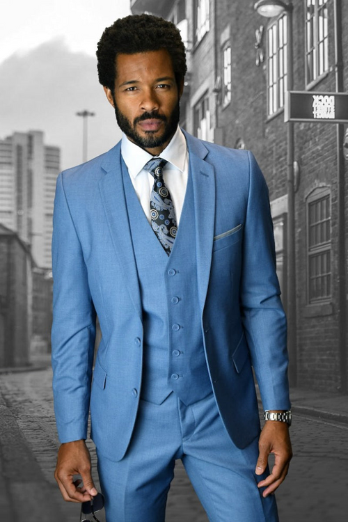 Men's Slim Fit Blue Wool Wedding Suit with Vest
