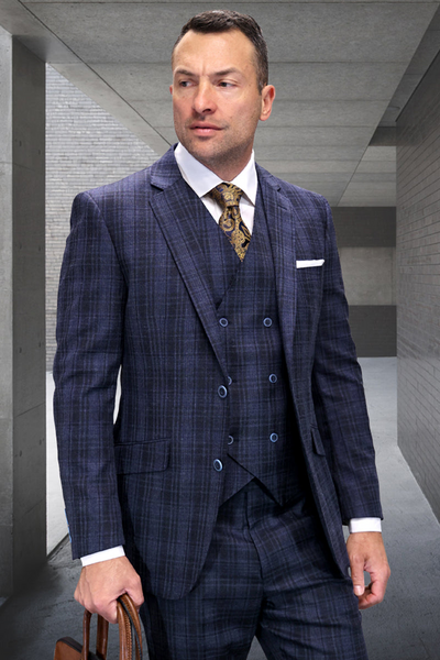 Men's Modern Sapphire Blue Plaid Wool Suit
