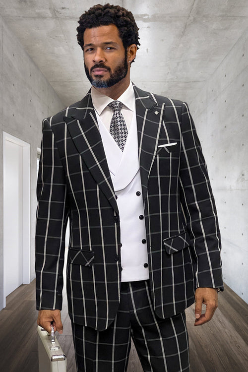 Men's Designer One Button Peak Lapel Vested Wool Suit in Black & White Bold Windowpane Plaid by Statement