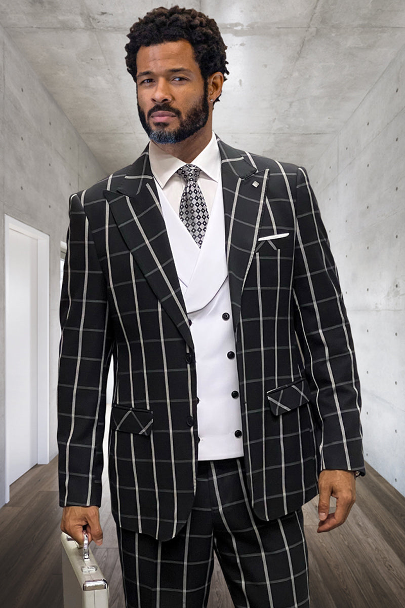 Men's Bold Windowpane Wool Suit in Black & White