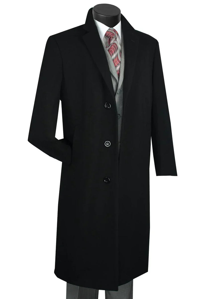 Men's Black Wool & Cashmere Overcoat - Classic Full Length Topcoat USA Men's Outlet