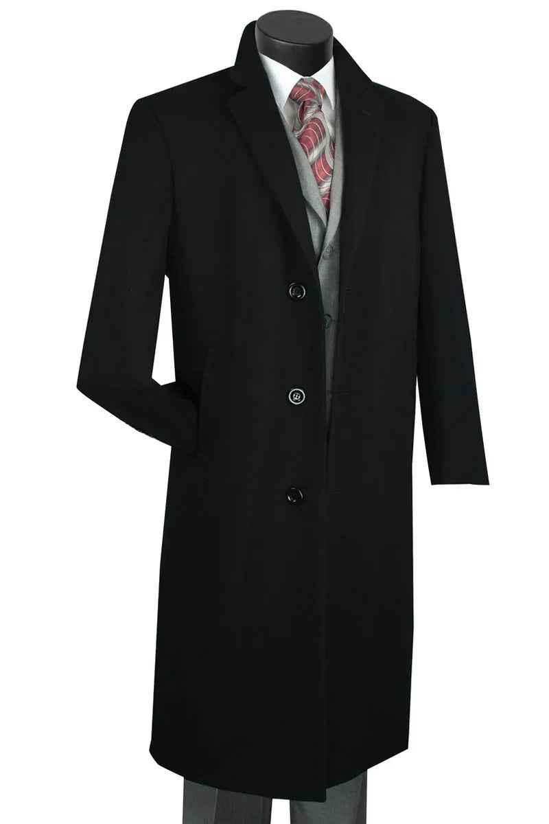 Men's Black Wool & Cashmere Overcoat - Classic Full Length Topcoat USA Men's Outlet
