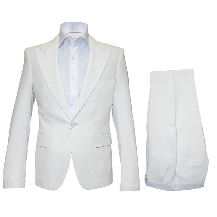Seersucker Suit Peak Lapel Suit in Color White - Summer Fabric Tone on Tone Shadow Stripe By Rossiman USA Men's Outlet