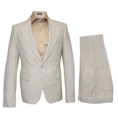 Rossiman Men’s Beige Seersucker Suit - Peak Lapel Suit with Tone-on-Tone Shadow Stripe by USA Men's Outlet