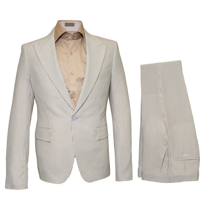 Rossiman Men’s Beige Seersucker Suit - Peak Lapel Suit with Tone-on-Tone Shadow Stripe by USA Men's Outlet