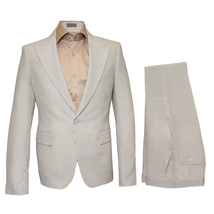 Seersucker Suit Peak Lapel Suit in Color Beige - Summer Fabric Tone on Tone Shadow Stripe By Rossiman USA Men's Outlet