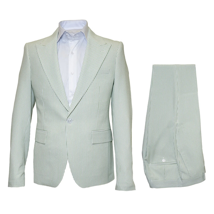 Seersucker Suit Peak Lapel Suit in Color Light Green - Summer Fabric Tone on Tone Shadow Stripe By Rossiman USA Men's Outlet