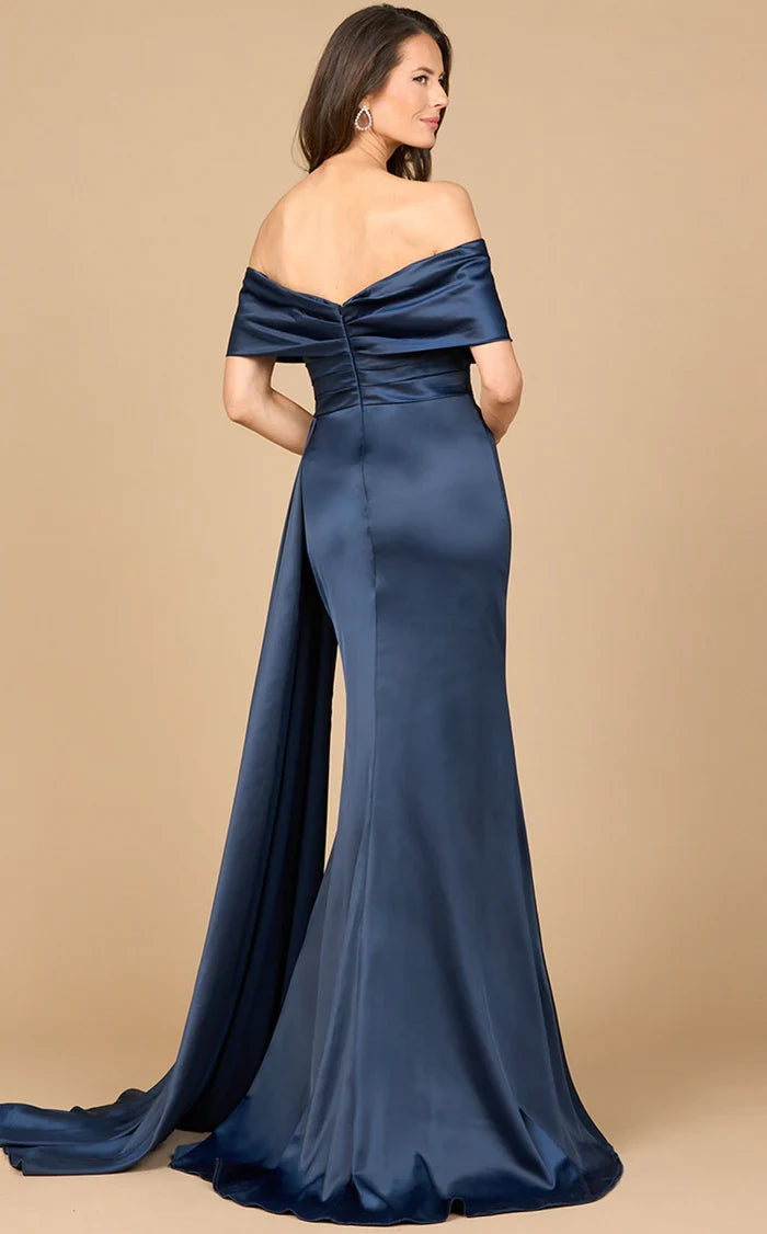 Lara 28945 Off Shoulder Satin Formal Dress Long Side Cape Mother of the Bride Dress
