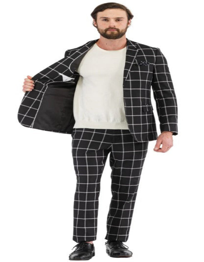 Mens Plaid Suits - Windowpane Pattern With Vest -Business Suit Black by USA Men's Outlet