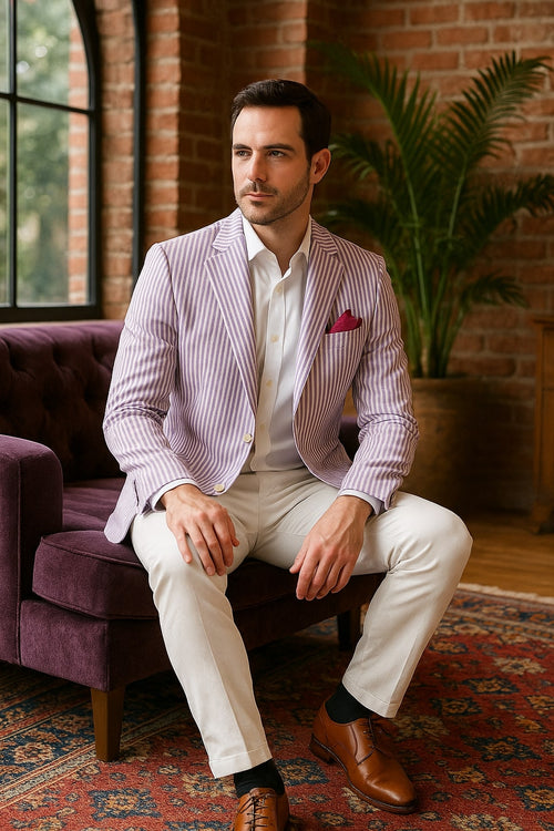 Mens Italian Lavender Seersucker Blazer - Lightweight Summer Striped Suit Jacket by USA Men's Outlet