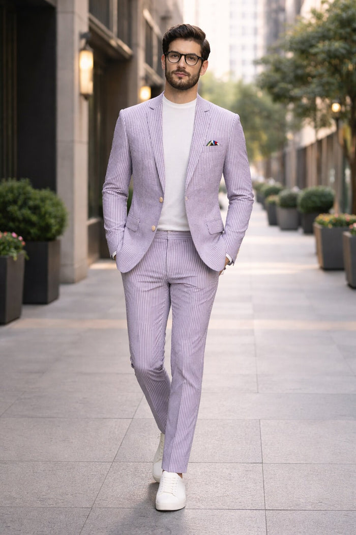 Mens Lavender Seersucker Suit Blazer + Pants Cotton Fabric - Summer Fabric by USA Men's Outlet