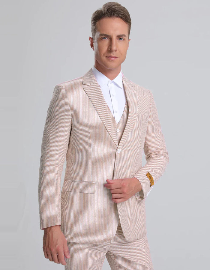 Kentucky Derby Seersucker Suits For Men - Big and Tall Seersucker Suit Mens Jacket + Pants Summer Seersucker Suit in Tan Pinstripe
