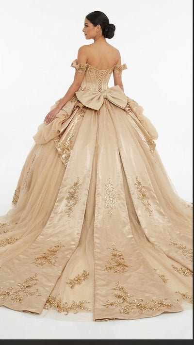Off-Shoulder Crystal Beaded Corset Organza Ruffle Ball Gown Quinceañera Dress by Layla K LK307