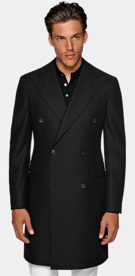 Double Breasted Overcoat - Black 3/4 Length Car Coat USA Men's Outlet