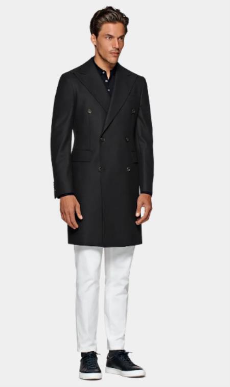 Double Breasted Overcoat - Black 3/4 Length Car Coat USA Men's Outlet