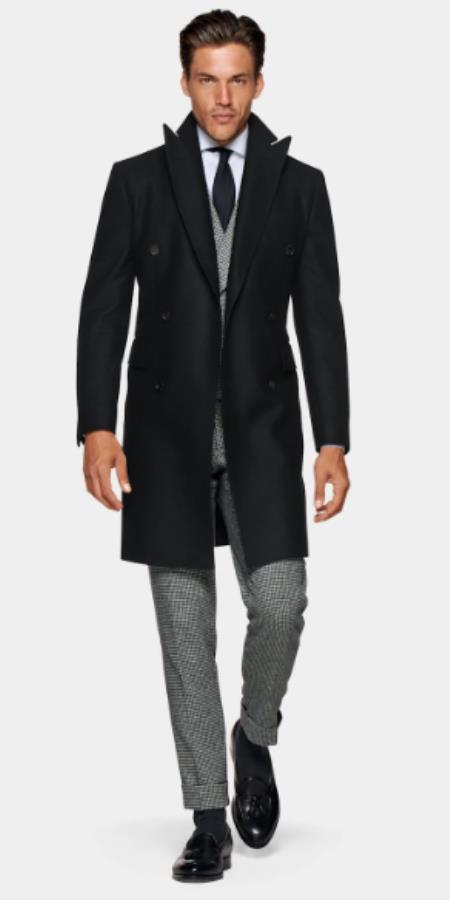 Double Breasted Overcoat - Black 3/4 Length Car Coat USA Men's Outlet