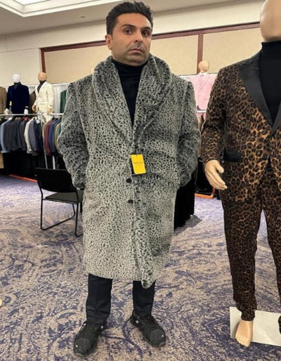 Gray Fur coat - Leopard Faux Fur Coat With Full Length - Grey Winter Coat